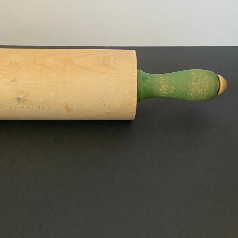 Vintage Munising Wooden Rolling Pin with Green Handles
